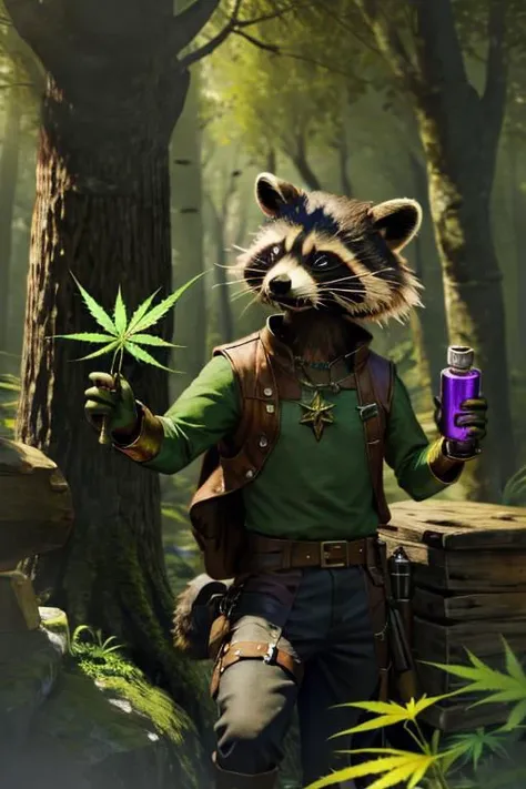 leather adventure outfit, raccoon wizard, forest background, medieval style, holding purple enchanted cannabis:1.5, inspecting magic cannabis flower:1.5, holding purple drugs, brown and green clothes:1.5, green shirt:1.5, 4k, green or brown gloves:1.5