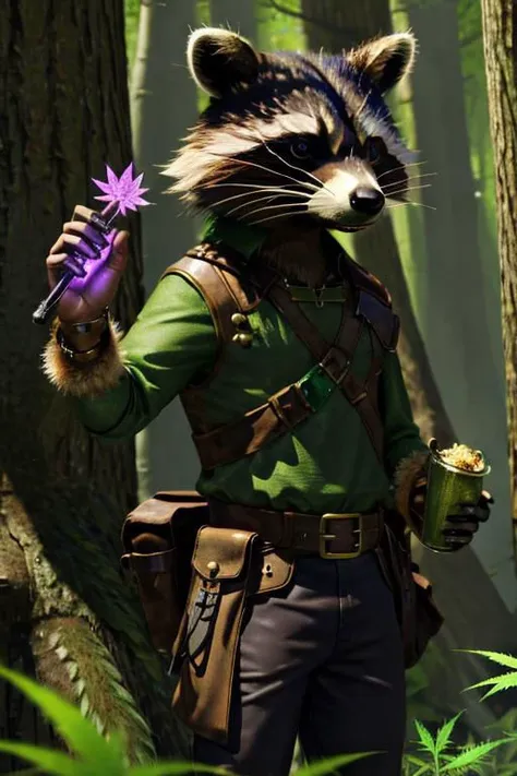 leather adventure outfit, raccoon, forest background, medieval style, holding purple enchanted cannabis:1.5, inspecting magic cannabis flower:1.5, holding purple glowing drugs, brown and green clothes:1.5, green shirt:1.5, 4k