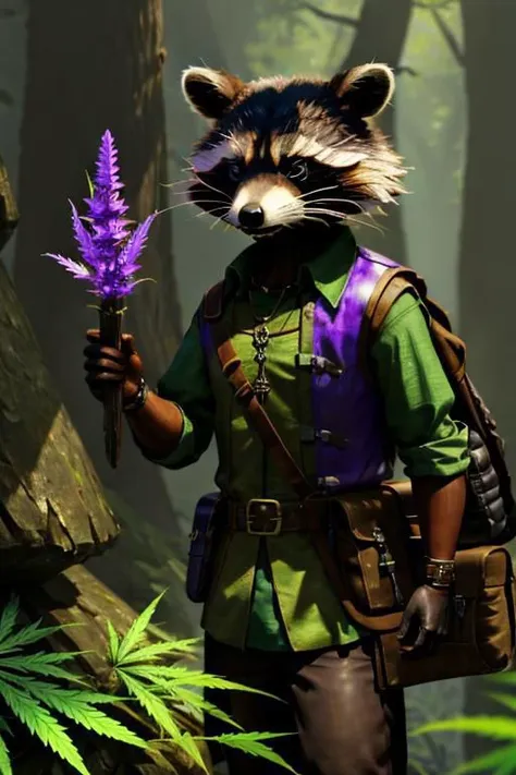 leather adventure outfit, raccoon, forest background, medieval style, holding purple enchanted cannabis:1.5, purple glowing cannabis, inspecting magic cannabis flower:1.5, holding purple glowing drugs, brown and green clothes:1.5, green shirt:1.5, 4k