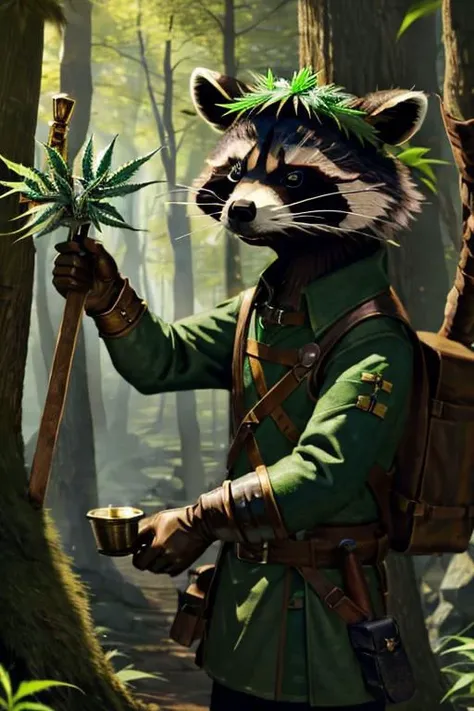 leather adventure outfit, raccoon wizard, forest background, medieval style, holding purple enchanted cannabis:1.5, inspecting magic cannabis flower:1.5, holding purple drugs, brown and green clothes:1.5, green shirt:1.5, 4k, green or brown gloves:1.5