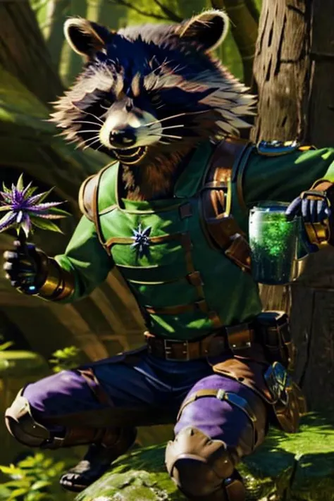 short hair:1.5, leather adventure outfit, raccoon, forest background, medieval style, holding purple enchanted marijuana:1.5, inspecting magic purple marijuana flower:1.5, very short hair, glowing marijuana:1.5, brown hair, brown and green clothes:1.5, green shirt