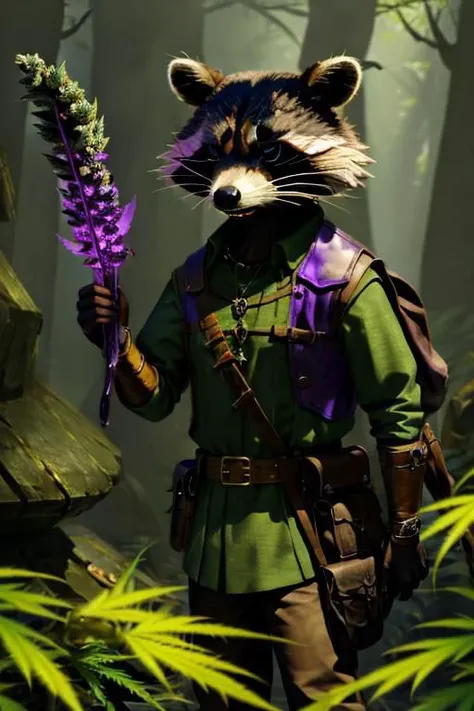 leather adventure outfit, raccoon, forest background, medieval style, holding purple enchanted cannabis:1.5, purple glowing cannabis, inspecting magic cannabis flower:1.5, holding purple glowing drugs, brown and green clothes:1.5, green shirt:1.5, 4k