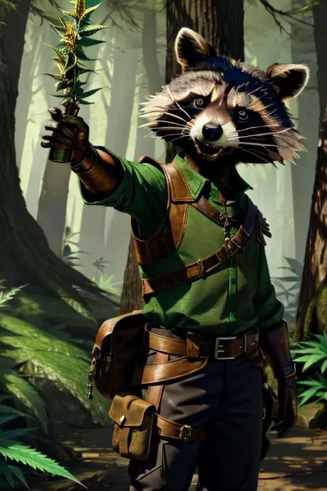 leather adventure outfit, raccoon, forest background, medieval style, holding purple enchanted cannabis:1.5, inspecting magic cannabis flower:1.5, holding purple drugs:1.5, brown and green clothes:1.5, green shirt:1.5, 4k, green or brown gloves:1.5