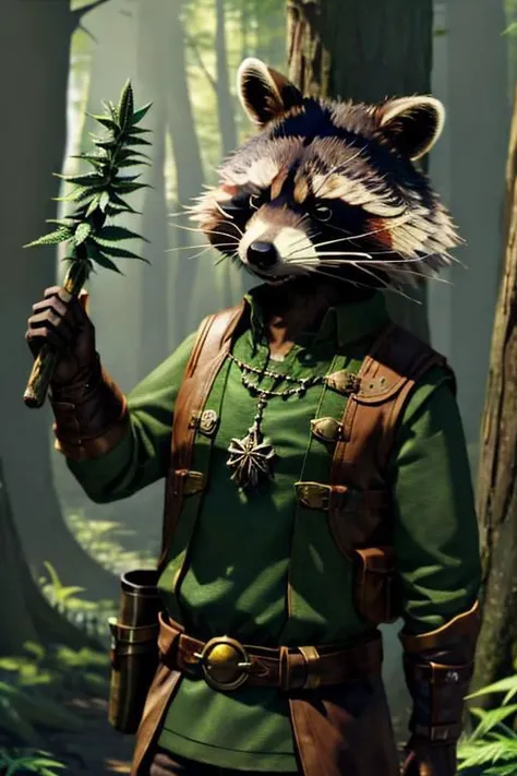 leather adventure outfit, short raccoon wizard:1.5, forest background, medieval style, holding purple enchanted cannabis:1.5, inspecting magic cannabis flower:1.5, holding purple drugs, brown and green clothes:1.5, green shirt:1.5, 4k, green or brown gloves:1.5