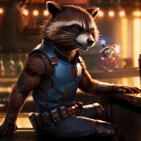 (rocket raccoon,guardians of the galaxy), (detailed rocket raccoon), (extreme fur detail), detailed ambient light, (fluffy:1.2), (facing away:1.2), ( detailed brown eyes:1.2), (shaded), ((masterpiece)),(movie:1.2), (3 dimensional:1.3), (realistic:1.2), (photograph:1.3),   <lyco:rocket:0.6> gotgrocket, (lifelike, real life:1.2), (hyperrealistic:1.1), artistic shot composition, 8k hd, professional photoshoot, ray tracing, (CGI:1.1), Marvel movie, happy, relaxed, backlighting, sitting at the bar, (portrait, from side:1.3), extreme fur detail, every single hair visible, blurry background, depth of field, (cocktail:1.2), leaning to the side, posted on instagram,