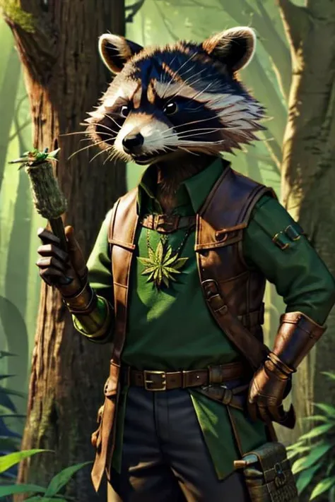 leather adventure outfit, short raccoon wizard:1.5, forest background, medieval style, holding purple enchanted cannabis:1.5, inspecting magic cannabis flower:1.5, holding purple drugs:1.5, brown and green clothes:1.5, green shirt:1.5, 4k, green or brown gloves:1.5