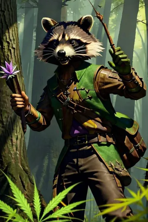 leather adventure outfit, raccoon wizard, forest background, medieval style, holding purple enchanted cannabis:1.5, inspecting magic cannabis flower:1.5, holding purple drugs, brown and green clothes:1.5, green shirt:1.5, 4k, green or brown gloves:1.5