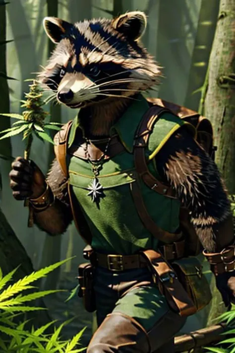 leather adventure outfit, raccoon, forest background, medieval style, holding enchanted cannabis:1.5, inspecting magic cannabis flower:1.5, brown and green clothes:1.5, green shirt, 4k