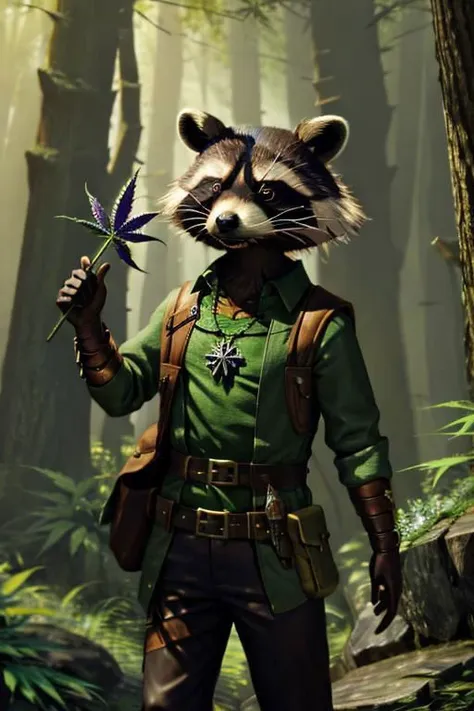 leather adventure outfit, short raccoon wizard:1.5, forest background, medieval style, holding purple enchanted cannabis:1.5, inspecting magic cannabis flower:1.5, holding purple drugs, brown and green clothes:1.5, green shirt:1.5, 4k, green or brown gloves:1.5