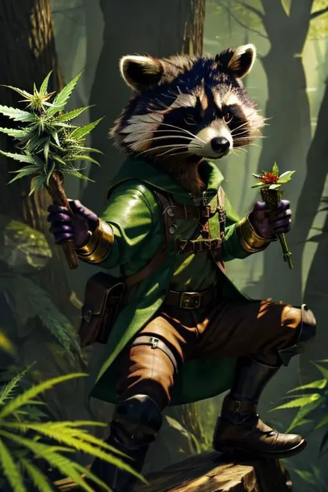 leather adventure outfit, raccoon wizard, forest background, medieval style, holding purple enchanted cannabis:1.5, inspecting magic cannabis flower:1.5, holding purple glowing drugs, brown and green clothes:1.5, green shirt:1.5, 4k