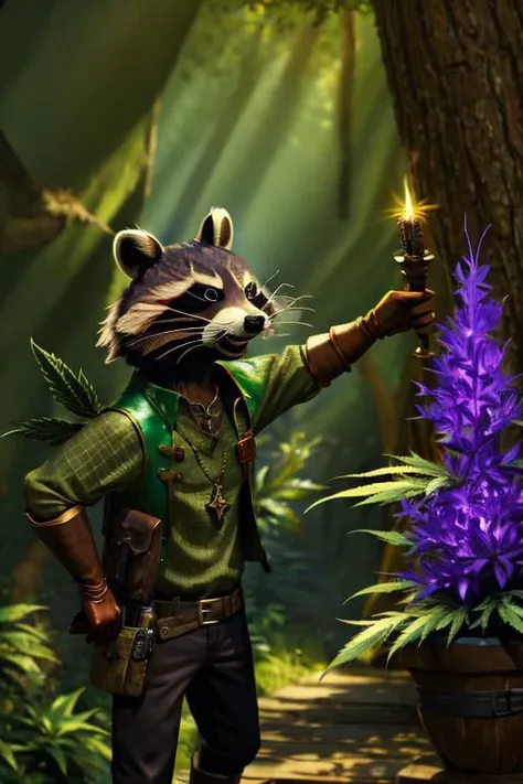 leather adventure outfit, raccoon wizard, forest background, medieval style, holding purple enchanted cannabis:1.5, inspecting magic cannabis flower:1.5, holding purple glowing drugs, brown and green clothes:1.5, green shirt:1.5, 4k, green or brown gloves