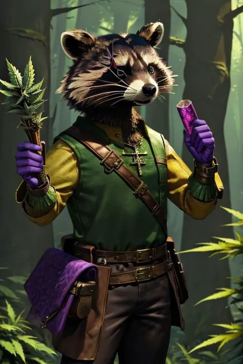 leather adventure outfit, raccoon wizard, forest background, medieval style, holding purple enchanted cannabis:1.5, inspecting magic cannabis flower:1.5, holding purple drugs, brown and green clothes:1.5, green shirt:1.5, 4k, green or brown gloves:1.5