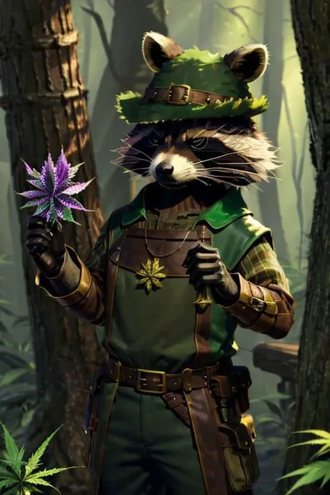 leather adventure outfit, raccoon wizard, forest background, medieval style, holding purple enchanted cannabis:1.5, inspecting magic cannabis flower:1.5, holding purple drugs, brown and green clothes:1.5, green shirt:1.5, 4k, green or brown gloves:1.5