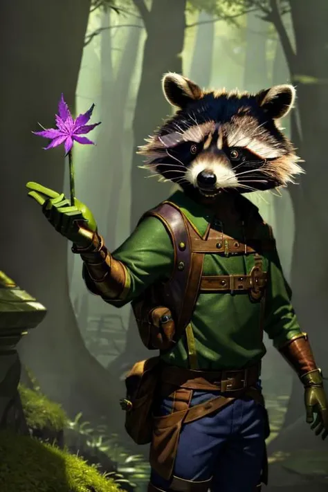 leather adventure outfit, raccoon wizard, forest background, medieval style, holding purple enchanted cannabis:1.5, inspecting magic cannabis flower:1.5, holding purple glowing drugs, brown and green clothes:1.5, green shirt:1.5, 4k, green or brown gloves