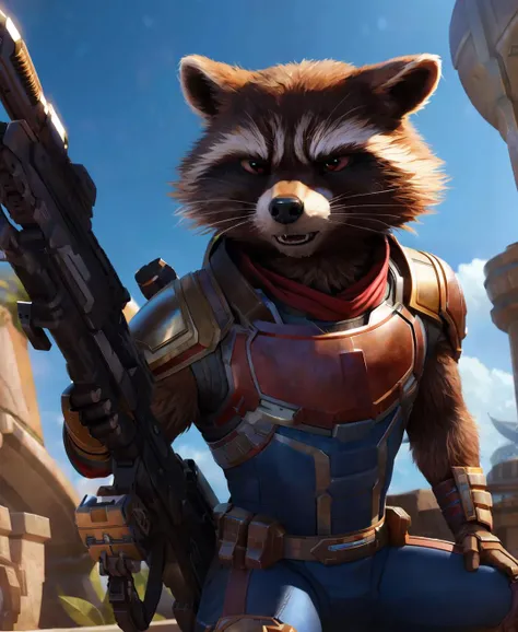 (((rocket raccoon,guardians of the galaxy))), (detailed Carl Heinrich Bloch rocket raccoon), (detailed Bonifasko lighting),(extream fur detail), detailed ambient light,(fluffy:1.2), looking at viewer,( detailed brown eyes:1.2), (shaded), ((masterpiece)),(movie:1.2), (3 dimensional:1.3), (realistic image:1.2), (photograph:1.3),   <lyco:rocket:0.65> gotgrocket,( lifelike, real life:1.2), (hyperrealistic:1.1), fluffy, full-length portrait, 8k hd, professional photoshoot, smirk, ray tracing, CGI, Marvel movie, partial armor, holding a big gun, angry eyes,