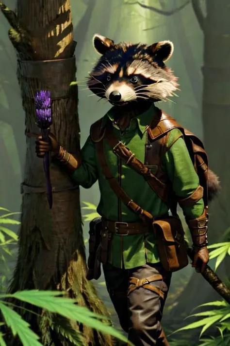 leather adventure outfit, raccoon, forest background, medieval style, holding purple enchanted:1.5, inspecting magic purple cannabis flower:1.5, brown and green clothes:1.5, green shirt, 4k