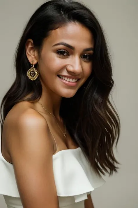 Realistic photo of a beautiful m1ch3ll3k woman, 1girl, solo, long hair, breasts, looking at viewer, smile, simple background, black hair, white background, dress, bare shoulders, brown eyes, jewelry, medium breasts, upper body, earrings, teeth, sleeveless, dark skin, white dress, grin, dark-skinned female, lips, realistic, nose, soft lighting, professional Photography, Photorealistic, detailed, RAW, analog, sharp focus, 8k, HD, DSLR, high quality, Fujifilm XT3, film grain, award winning, masterpiece<lora:m1ch3ll3k:1.0>