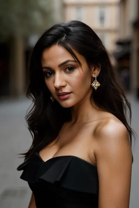 Realistic photo of a beautiful m1ch3ll3k woman, 1girl, solo, long hair, breasts, looking at viewer, black hair, dress, cleavage, jewelry, earrings, blurry, black dress, lips, makeup, blurry background, realistic, tifa lockhart, soft lighting, professional Photography, Photorealistic, detailed, RAW, analog, sharp focus, 8k, HD, DSLR, high quality, Fujifilm XT3, film grain, award winning, masterpiece<lora:m1ch3ll3k:1.0>