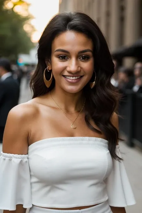 zclose-up of a single 22 years girl, (skinny:0.8), smiling, (looking to the left:1.3), black short hair with large curls, cheeks,  dressed in a middle long black dress, glamorous golden necklace, standing in front of New York street,   highly detailed, moody, epic, gorgeous, film, dynamic lighting