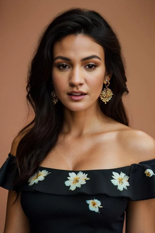 Realistic photo of a beautiful m1ch3ll3k woman, 1girl, solo, long hair, breasts, looking at viewer, brown hair, black hair, white background, dress, cleavage, bare shoulders, brown eyes, jewelry, medium breasts, collarbone, earrings, parted lips, off shoulder, lips, floral print, realistic, off-shoulder dress, print dress, soft lighting, professional Photography, Photorealistic, detailed, RAW, analog, sharp focus, 8k, HD, DSLR, high quality, Fujifilm XT3, film grain, award winning, masterpiece<lora:m1ch3ll3k:1.0>