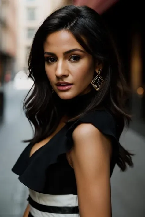 Realistic photo of a beautiful m1ch3ll3k woman, 1girl, solo, long hair, breasts, looking at viewer, black hair, dress, cleavage, jewelry, earrings, blurry, black dress, lips, makeup, blurry background, realistic, tifa lockhart, soft lighting, professional Photography, Photorealistic, detailed, RAW, analog, sharp focus, 8k, HD, DSLR, high quality, Fujifilm XT3, film grain, award winning, masterpiece<lora:m1ch3ll3k:1.0>