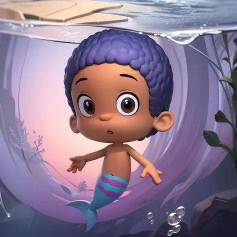 ((masterpiece, best quality)),solo,1boy, merman, dark skin, black eyes, blue hair, full body, goby, <lora:Goby_BubbleGuppies1:0.7>, underwater, chibi,