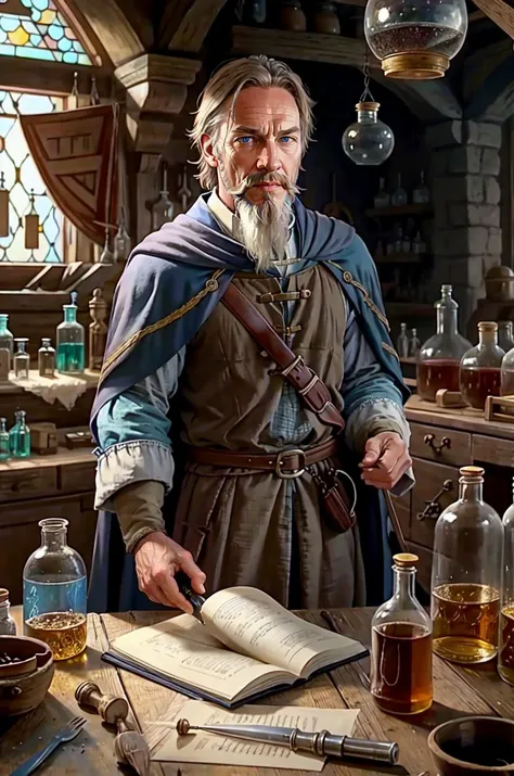 lab assistant:1.3, <lora:RPGLabs:0.8>, solo, 1boy, medieval, male focus, indoors, window, facial hair, bottle, old, old man, blue eyes, cape, food, quill, (realistic:1.3), (medieval laboratory:1.1), (professional lighting:1.2), <lora:Style Alloldrpgarts1 1990s alloldrpgarts1 V1:0.4> alloldrpgarts1 <lora:Style RpgRiftingInThe90s, mortnobodysd15