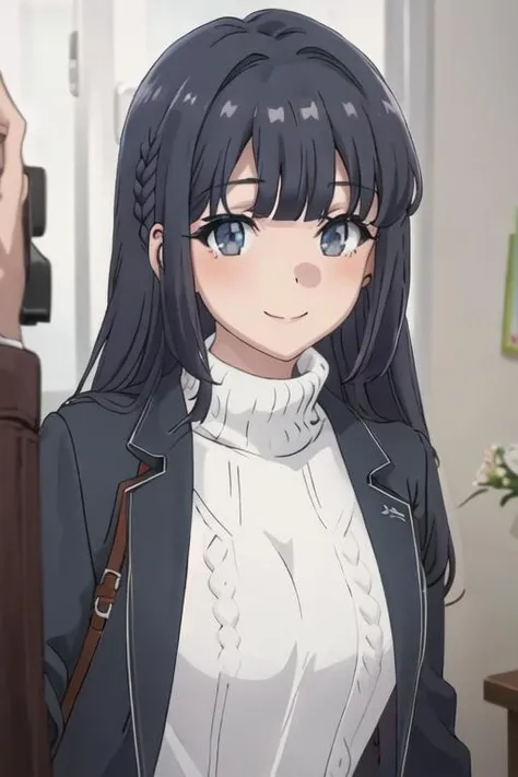 best quality, masterpiece, highres, solo, {makinohara_shoko_seishunbutayarou:1.15}, long_hair, bangs, black_hair, braid, blue_eyes, smile, closed_mouth, blue_hair, 1girl, turtleneck, upper_body, grey_jacket, jacket, sweater, portrait, turtleneck_sweater
