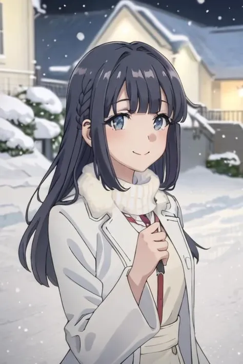 best quality, masterpiece, highres, solo, {makinohara_shoko_seishunbutayarou:1.15}, long_hair, bangs, black_hair, braid, blue_eyes, smile, closed_mouth, blue_hair, 1girl, fur_trim, snowing, coat, looking_at_viewer, blurry, snow, night, upper_body, outdoors, white_coat