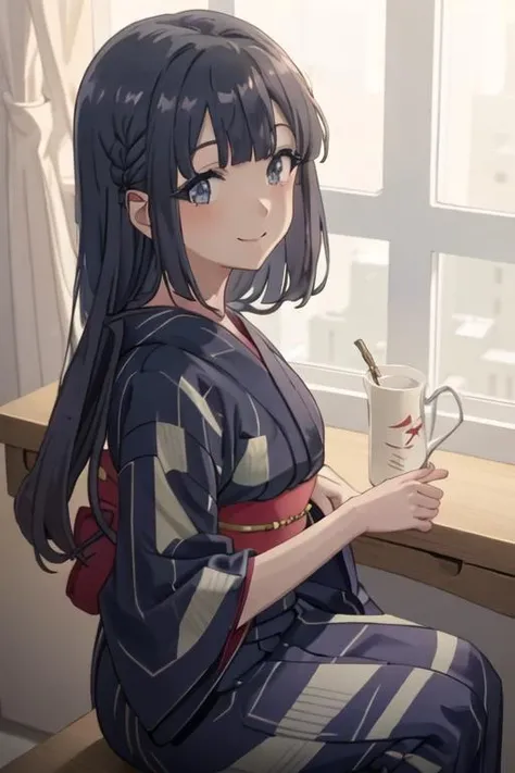 best quality, masterpiece, highres, solo, {yukata:1.40}, {kimono:1.20}, {makinohara_shoko_seishunbutayarou:1.15}, long_hair, bangs, black_hair, braid, blue_eyes, smile, closed_mouth, blue_hair