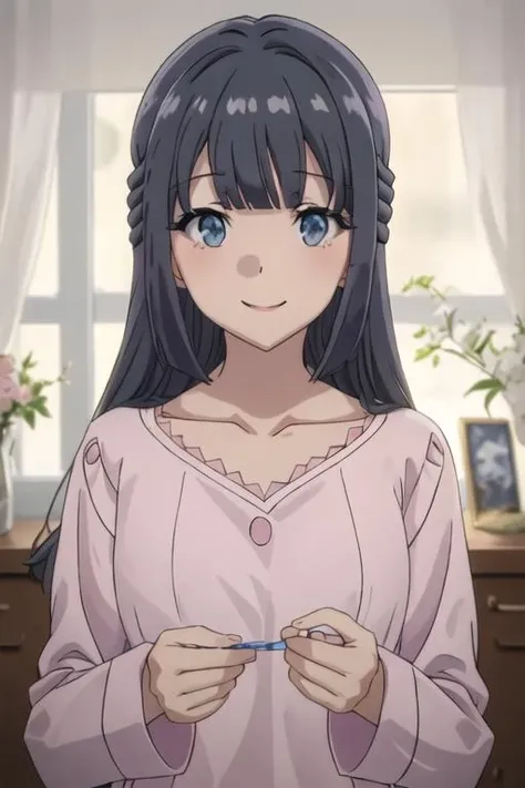 best quality, masterpiece, highres, solo, {makinohara_shoko_seishunbutayarou:1.15}, long_hair, bangs, black_hair, braid, blue_eyes, smile, closed_mouth, blue_hair, 1girl, anime_coloring, blurry, blurry_background, collarbone, indoors, open_mouth, upper_body, looking_at_viewer, shirt, pajamas, pink_shirt