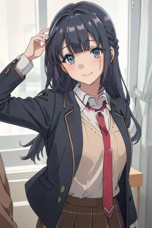 school uniform, medium breasts, best quality, long hair, red ribbon hair, masterpiece, highlight, best quality, blush, shy smile, sexy pose, interior, chair, classroom, window, pleated skirt, stockings