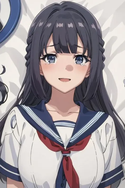 best quality, masterpiece, highres, solo, {makinohara_shoko_seishunbutayarou:1.15}, long_hair, bangs, black_hair, braid, blue_eyes, smile, closed_mouth, blue_hair, 1girl, lying, on_back, open_mouth, portrait, tears