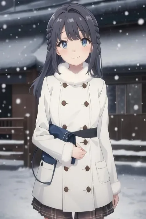 best quality, masterpiece, highres, solo, {makinohara_shoko_seishunbutayarou:1.15}, long_hair, bangs, black_hair, braid, blue_eyes, smile, closed_mouth, blue_hair, 1girl, fur_trim, snowing, coat, looking_at_viewer, blurry, snow, night, upper_body, outdoors, white_coat