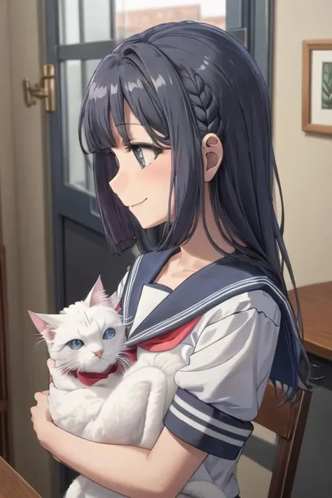 best quality, masterpiece, highres, solo, {makinohara_shoko_seishunbutayarou:1.15}, long_hair, bangs, black_hair, braid, blue_eyes, smile, closed_mouth, blue_hair, 1girl, school_uniform, serafuku, animal, cat, holding, holding_animal, holding_cat, neckerchief, red_neckerchief, sailor_collar, white_cat, short_sleeves, upper_body, blue_sailor_collar, blunt_bangs, indoors, profile, shirt