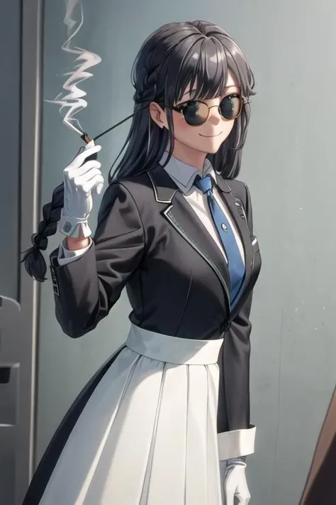 best quality, masterpiece, highres, solo, {black business suit:1.40}, {tie:1.20}, {sunglasses:1.25}, {white gloves:1.15}, {white shirt:1.10}, {black skirt:1.15}, {smoking:1.20}, handsome, {makinohara_shoko_seishunbutayarou:1.15}, long_hair, bangs, black_hair, braid, blue_eyes, smile, closed_mouth, blue_hair