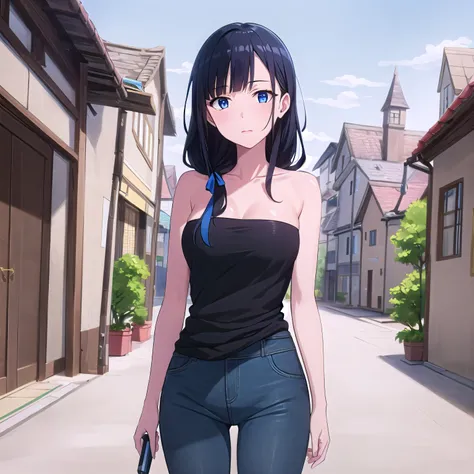 best quality, (masterpiece:1.2), highly detailed, medieval, city,
1girl, solo, <lora:chara_GATEJietai_KurokawaMari_v1:0.7>, kurokawa mari, 
standing, looking at viewer, 
blue eyes, blackhair, long hair, ribbon, pants, denim, strapless dress