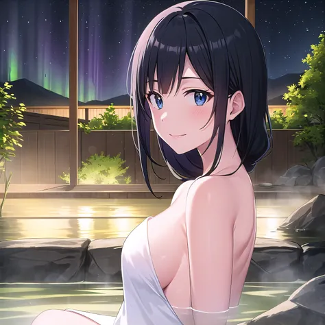 best quality, (masterpiece:1.2), highly detailed, onsen, night, aurora borealis,
1girl, solo, <lora:chara_GATEJietai_KurokawaMari_v1:0.7>, kurokawa mari,
sitting, slight smile, partially submerged, looking at viewer, medioum breasts,
blue eyes, black hair, long hair, naked towel