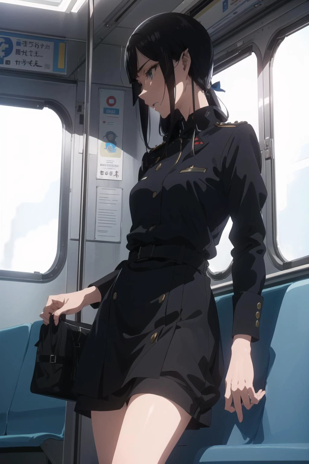 masterpiece, best quality,8K,intricate details,Highest quality, super resolution,neutral colors,detailed eyes, ultra detailed, intricate details,detailed clothes,meticulous clothes,intricate detail,photorealistic, (hyperrealistic:1.2),1 girl,
(full body),beautiful,oval face, slender, lanky,small breasts,micromastia,narrow waist,
<lora:chara_GATEJietai_KurokawaMari_v1:0.8> kurokawa mari, blue eyes, blackhair, long hair, ribbon, military uniform, (On the Train,Shinkansen scene, the sun shines on the train seats,), clenched teeth (disgust:1.2,jitome:1.2), day, pointy ears