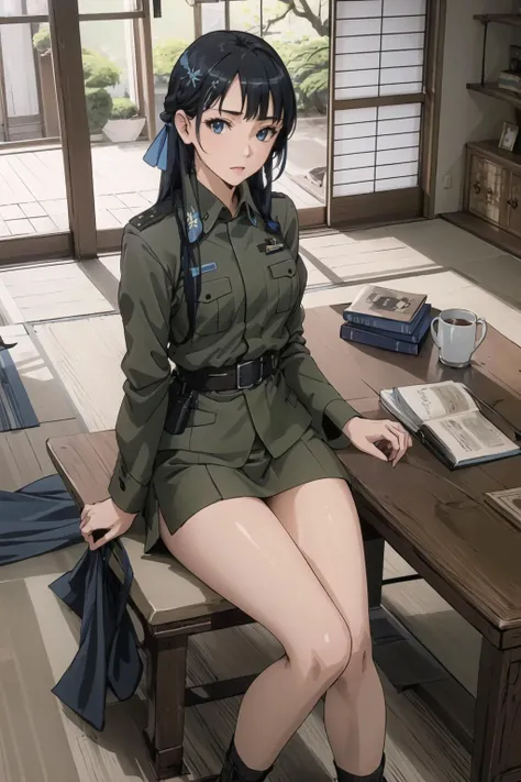 masterpiece, best quality,8K,intricate details,Highest quality, super resolution,neutral colors,detailed eyes, ultra detailed, intricate details,detailed clothes,meticulous clothes,intricate detail,photorealistic, (hyperrealistic:1.2),(1 girl:1.3),
(full body),beautiful,oval face, slender, lanky,small breasts,micromastia,narrow waist,
<lora:chara_GATEJietai_KurokawaMari_v1:0.8> kurokawa mari, blue eyes, blackhair, long hair, ribbon, military uniform,
<lora:washitsu:0.7> washitsu, table, scenery, tatami, sliding doors, indoors, book, architecture, cushion, cup, window,