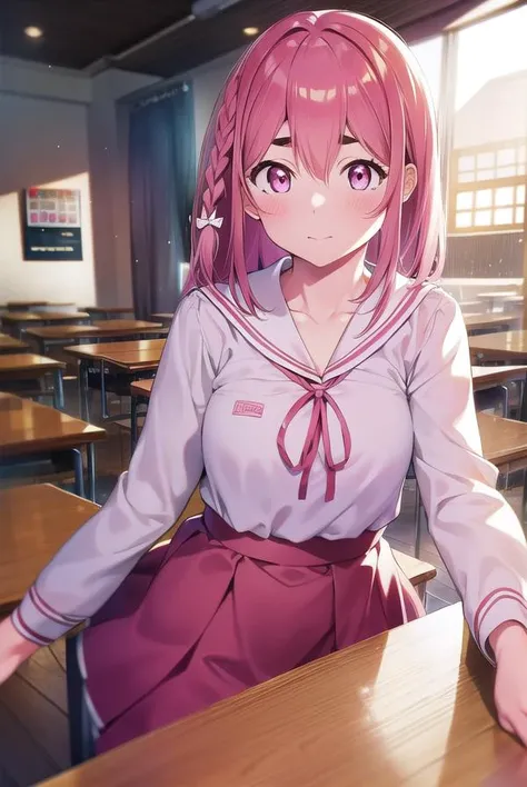 sumisakurasawa, <lyco:sumisakurasawa-lyco-nochekaiser:1>,
sumi sakurasawa, bangs, (pink eyes:1.5), hair between eyes, pink hair, braid, hair bow, thick eyebrows,
BREAK skirt, shirt, long sleeves, bow, ribbon, school uniform, white shirt, serafuku, sailor collar, red ribbon, neck ribbon, red skirt, white sailor collar,
BREAK looking at viewer,
BREAK indoors, classroom,
BREAK <lyco:GoodHands-beta2:1>, (masterpiece:1.2), best quality, high resolution, unity 8k wallpaper, (illustration:0.8), (beautiful detailed eyes:1.6), extremely detailed face, perfect lighting, extremely detailed CG, (perfect hands, perfect anatomy),