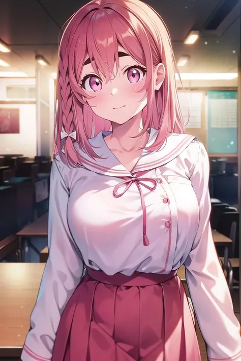 sumisakurasawa, <lyco:sumisakurasawa-lyco-nochekaiser:1>,
sumi sakurasawa, bangs, (pink eyes:1.5), hair between eyes, pink hair, braid, hair bow, thick eyebrows,
BREAK skirt, shirt, long sleeves, bow, ribbon, school uniform, white shirt, serafuku, sailor collar, red ribbon, neck ribbon, red skirt, white sailor collar,
BREAK looking at viewer,
BREAK indoors, classroom,
BREAK <lyco:GoodHands-beta2:1>, (masterpiece:1.2), best quality, high resolution, unity 8k wallpaper, (illustration:0.8), (beautiful detailed eyes:1.6), extremely detailed face, perfect lighting, extremely detailed CG, (perfect hands, perfect anatomy),