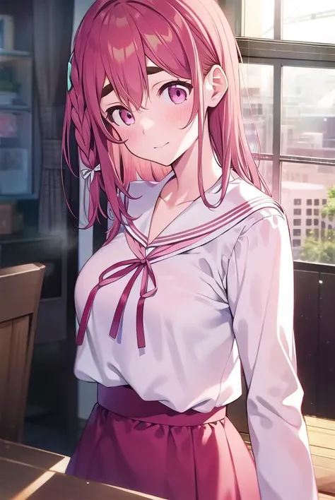 sumisakurasawa, <lyco:sumisakurasawa-lyco-nochekaiser:1>,
sumi sakurasawa, bangs, (pink eyes:1.5), hair between eyes, pink hair, braid, hair bow, thick eyebrows,
BREAK skirt, shirt, long sleeves, bow, ribbon, school uniform, white shirt, serafuku, sailor collar, red ribbon, neck ribbon, red skirt, white sailor collar,
BREAK looking at viewer,
BREAK indoors, classroom,
BREAK <lyco:GoodHands-beta2:1>, (masterpiece:1.2), best quality, high resolution, unity 8k wallpaper, (illustration:0.8), (beautiful detailed eyes:1.6), extremely detailed face, perfect lighting, extremely detailed CG, (perfect hands, perfect anatomy),