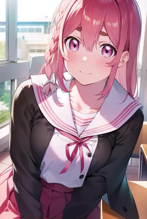 sumisakurasawa, <lyco:sumisakurasawa-lyco-nochekaiser:1>,
sumi sakurasawa, bangs, (pink eyes:1.5), hair between eyes, pink hair, braid, hair bow, thick eyebrows,
BREAK skirt, shirt, long sleeves, bow, ribbon, school uniform, white shirt, serafuku, sailor collar, red ribbon, neck ribbon, red skirt, white sailor collar,
BREAK looking at viewer,
BREAK indoors, classroom,
BREAK <lyco:GoodHands-beta2:1>, (masterpiece:1.2), best quality, high resolution, unity 8k wallpaper, (illustration:0.8), (beautiful detailed eyes:1.6), extremely detailed face, perfect lighting, extremely detailed CG, (perfect hands, perfect anatomy),