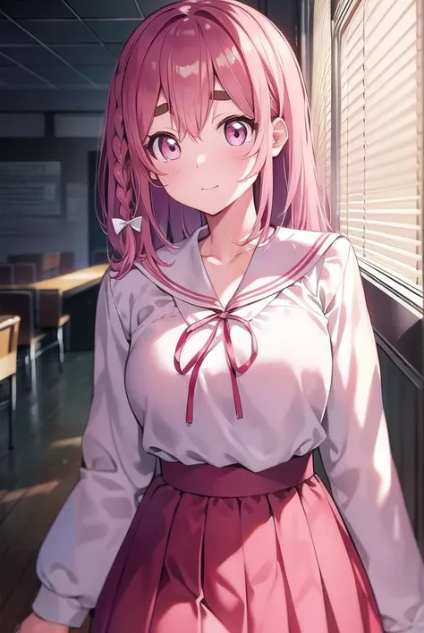 sumisakurasawa, <lyco:sumisakurasawa-lyco-nochekaiser:1>,
sumi sakurasawa, bangs, (pink eyes:1.5), hair between eyes, pink hair, braid, hair bow, thick eyebrows,
BREAK skirt, shirt, long sleeves, bow, ribbon, school uniform, white shirt, serafuku, sailor collar, red ribbon, neck ribbon, red skirt, white sailor collar,
BREAK looking at viewer,
BREAK indoors, classroom,
BREAK <lyco:GoodHands-beta2:1>, (masterpiece:1.2), best quality, high resolution, unity 8k wallpaper, (illustration:0.8), (beautiful detailed eyes:1.6), extremely detailed face, perfect lighting, extremely detailed CG, (perfect hands, perfect anatomy),