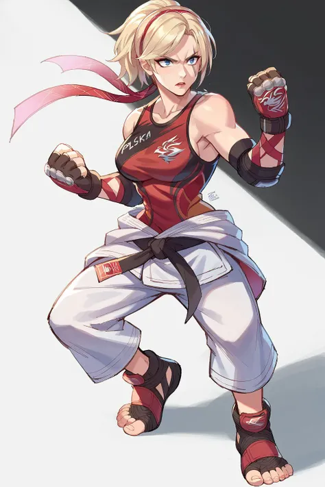 score_9, score_8_up, score_7_up, score_6_up, score_5_up, score_4_up, BREAK source_anime,solo
edgLidia,fingerless gloves,scar across one eye,ponytail,red hairband,black karate belt,clothes around waist,dougi,tank top, breasts, short hair, blue eyes, blonde hair, gloves, full body,fighting stance, nose
<lora:edgLidiaTekkenPonyv1:1>