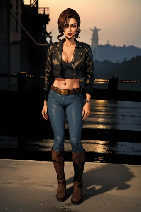 (masterpiece,best quality:1.2),1girl,catalinagta,brown hair,ponytail,standing,on helipad,hydroelectric dam,worried,shirt,lipstick,midriff,leather jacket,pants,belt,boots,full body,looking at viewer, <lora:CatalinaGTA:0.8>, <lora:skin_tone_slider_v1:1.8>,
