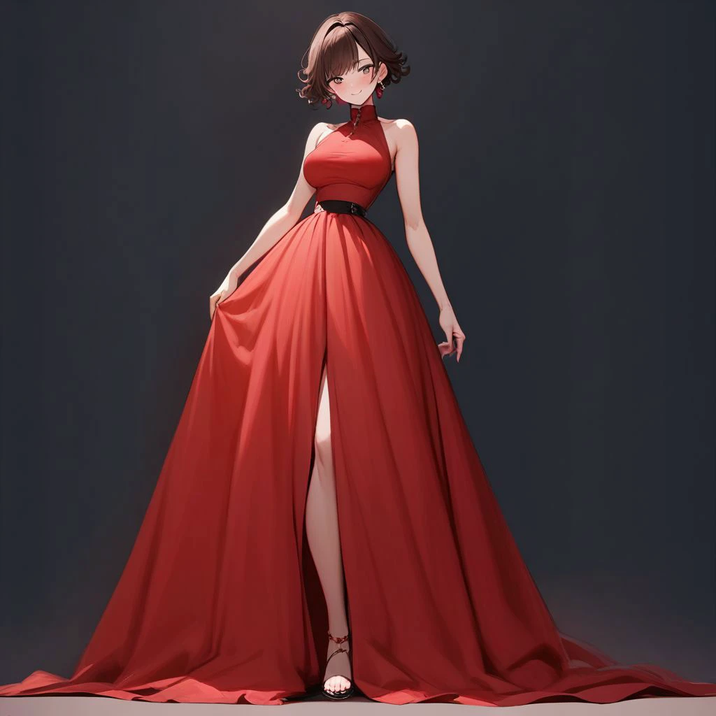 masterpiece, best quality,
1 tall woman, short haircut, ((bombshell curly hair,Lob Cut, bombshell hair, cosmic deep color:brown hair, pixie cut,)), brown curly hair, earrings, ((full-body shot)), long intense red tight dress, dynamic_pose,  lipstick, makeup, solo, looking at viewer, simple background, (((full body))), feet on frame, side angle view, [:formal costume design,:0.2],  toned body, athletic build, narrow waist, medium breasts, ankle-length red dress, blush, naughty smile,