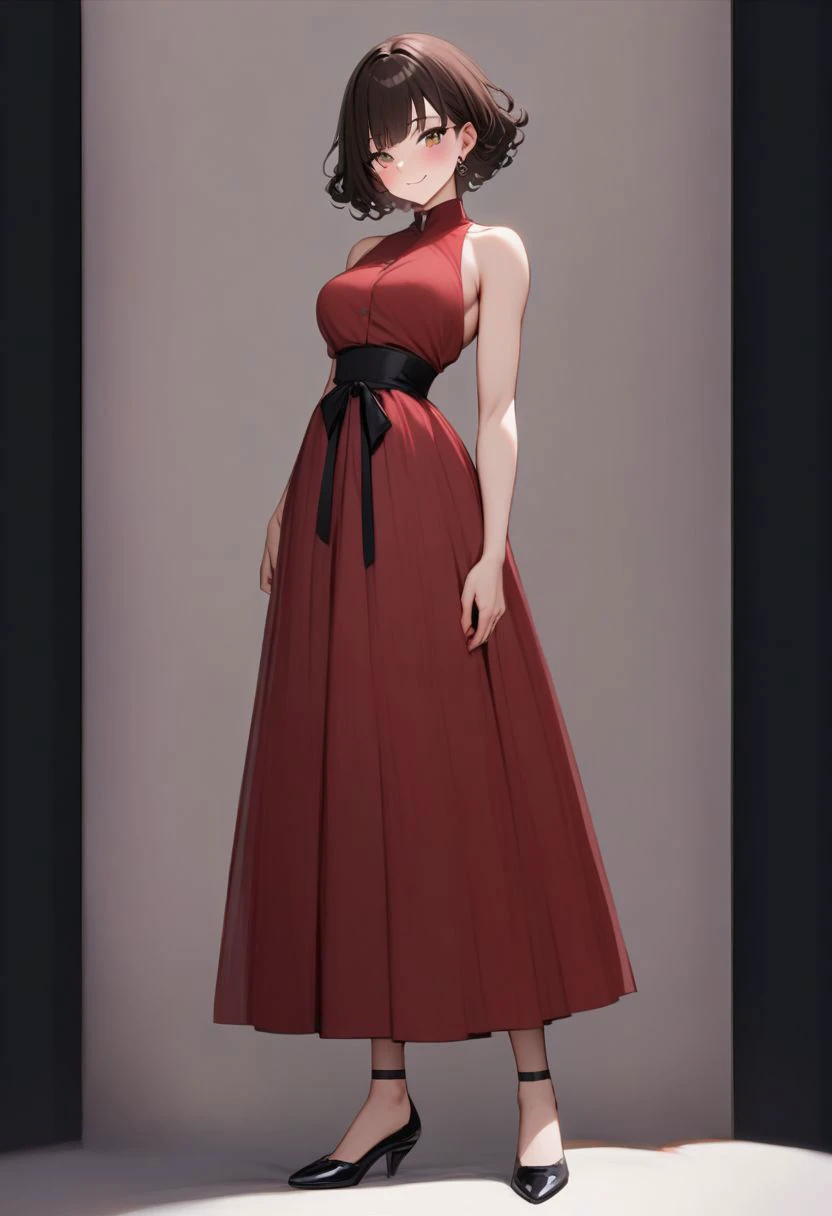 masterpiece, best quality,
1 tall woman, short haircut, ((bombshell curly hair,Lob Cut, bombshell hair, cosmic deep color:brown hair, pixie cut,)), brown curly hair, earrings, ((full-body shot)), long intense red tight dress, dynamic_pose,  lipstick, makeup, solo, looking at viewer, simple background, (((full body))), feet on frame, side angle view, [:formal costume design,:0.2],  toned body, athletic build, narrow waist, medium breasts, ((tight)) ankle-length red dress, blush, naughty smile,