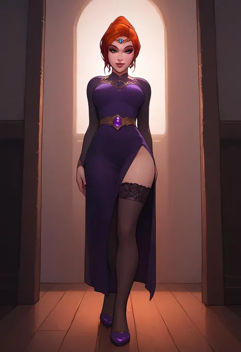 masterpiece, best quality, highly detailed, score_9, score_8_up, score_7_up, score_6_up, source_cartoon,
BREAK, 1girl, dynamic angle, assumi, red hair, short hair, single hair bun, full lips, purple lipstick, makeup, bedroom, floor length purple gown, split up the side, thigh-highs, small tiara, full length shot, standing in doorway, seductive smile